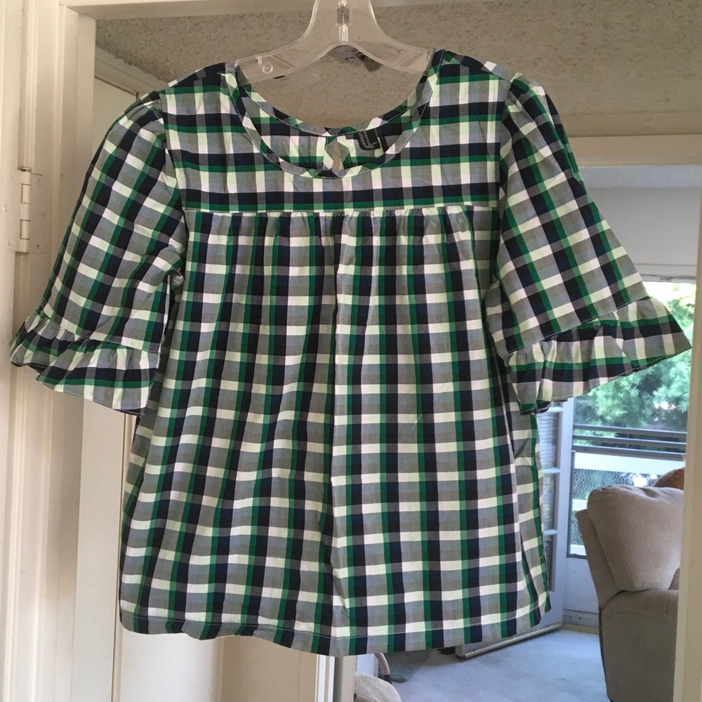 FOREVER 21/ KELLY GREEN & NAVY RUFFLE SLEEVE BABYDOLL TOP/NEW